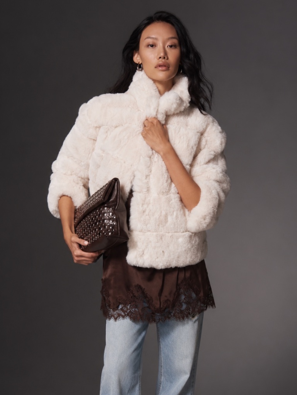 NWT Anthropologie NVLT Eva Channeled Ivory Faux Fur Jacket XL